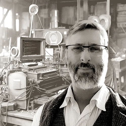 Photo de Cédric Cavenaïle habillé à la mode des années 1920 dans un bureau atelier graphique mélangeant des appareils modernes et anciens.