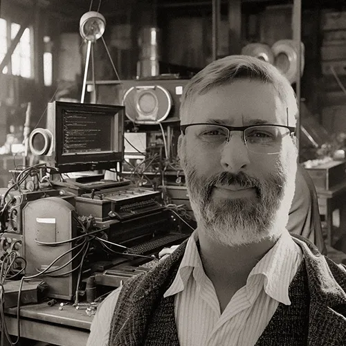 Photo de Cédric Cavenaïle habillé à la mode des années 1920 dans un bureau atelier graphique mélangeant des appareils modernes et anciens.