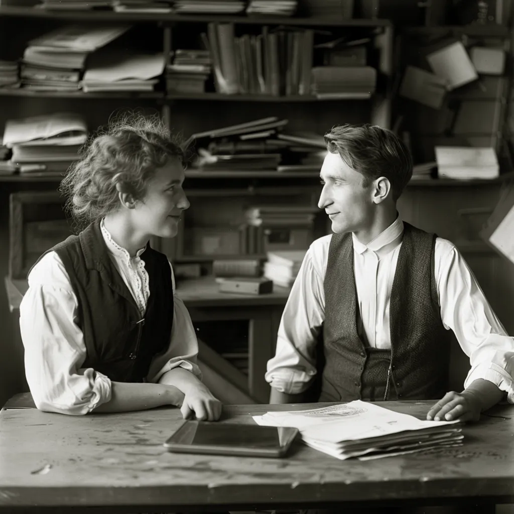 Visuel montrant un homme et une femme habillé à la manière des années 1920 dans une salle, se regardant et s'écoutant l'un l'autre, une tablette graphique et des feuilles posées sur le bureau devant eux
