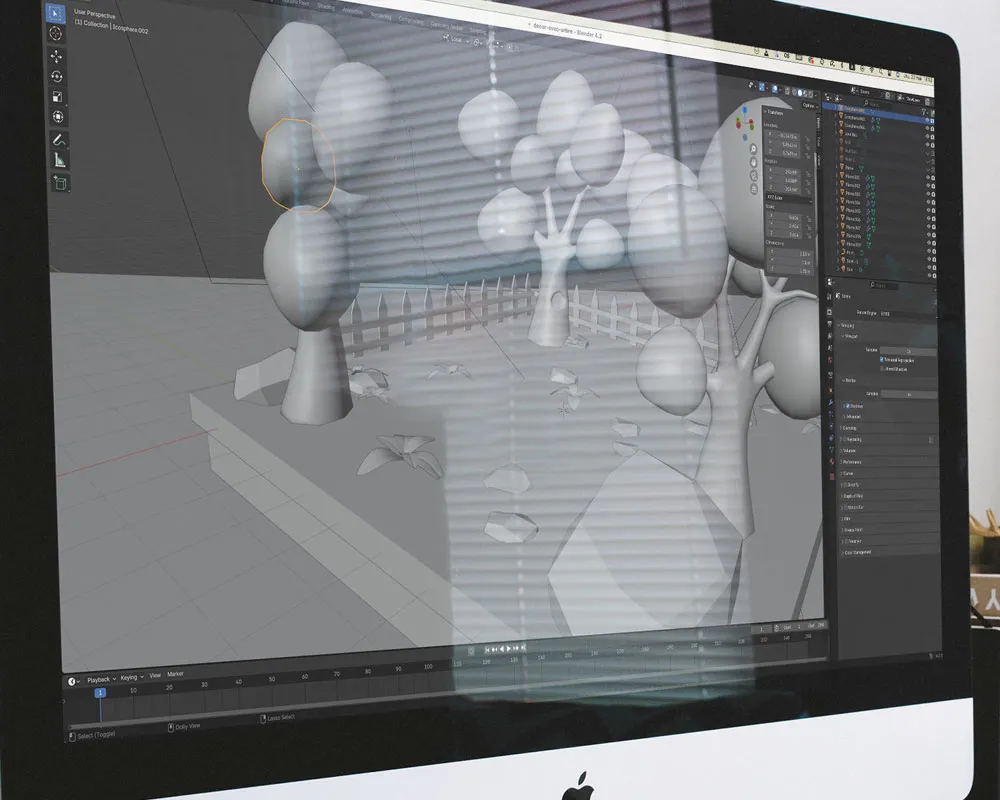 écran d'ordinateur dans lequel un dessin en 3D et l'interface du logiciel Blender apparaissent