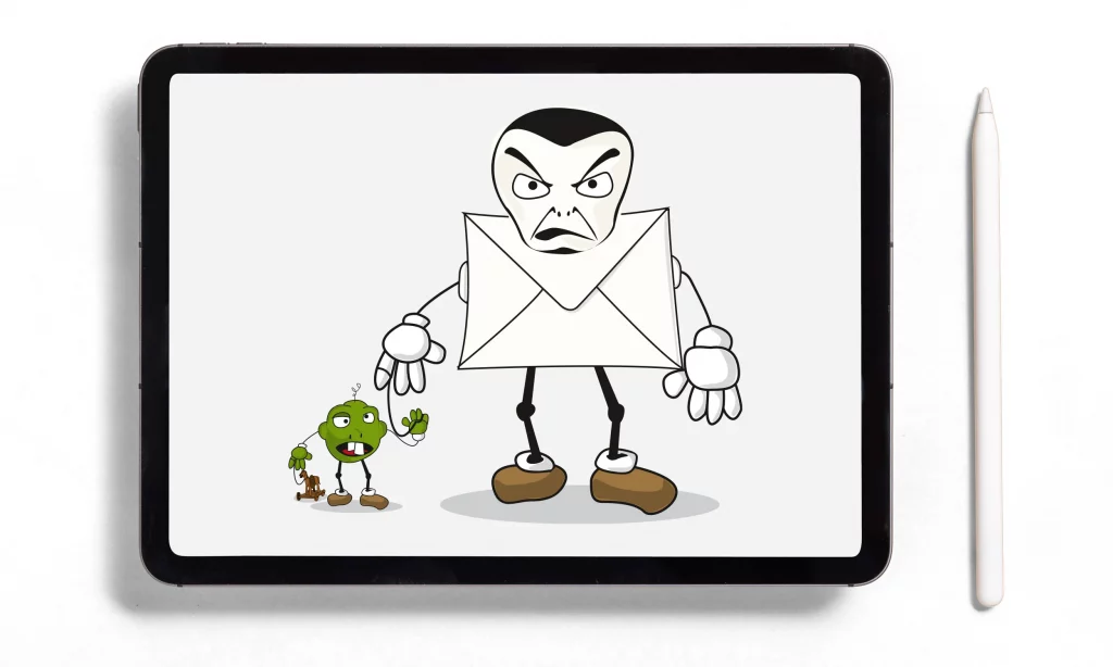 Illustration vectorielle d'un personnage pour un logiciel d'Anti-viruse. Le personnage représente un virus avec un corps d'enveloppe de courrier et tiens un petit virus par la main qui lui même tient un cheval de troie en jouet en bois.