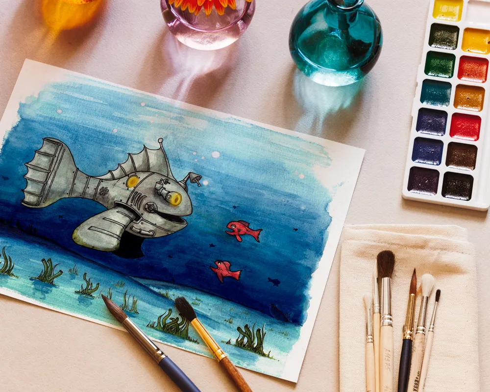 Illustration à l'aquarelle avec des pinceaux et des godets de couleurs ainsi que des pots remplies d'eau