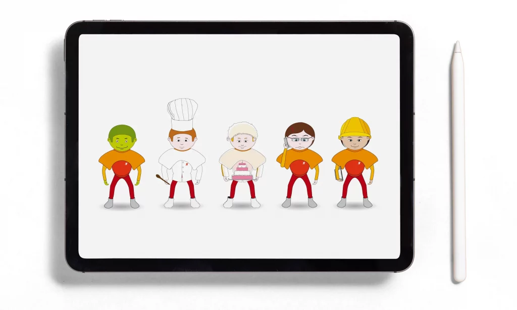 Illustration de personnage en dessin vectoriel présenté sur une tablette graphique