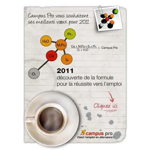 Visuel d'une page bloc note montrant une tasse de café, une photo et un schéma chimique le tout accompagné d'un texte