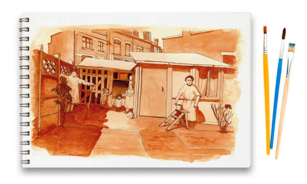 Illustration à l'aquarelle façon vieille photo montrant des personnes dans un jardin devant un cabanon