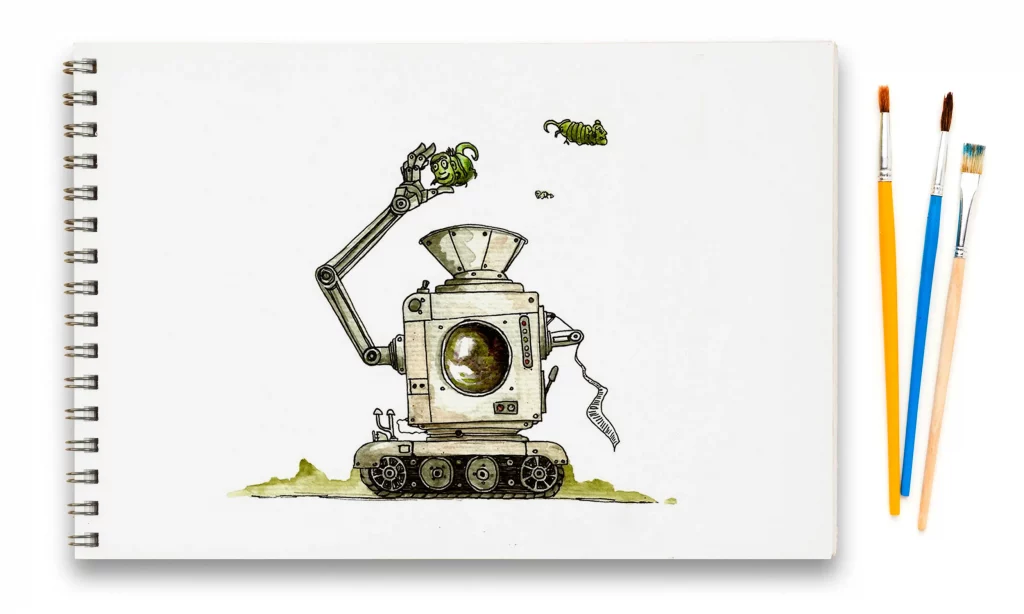 Dessin à l'aquarelle présenté sur un bloc note montrant une machine