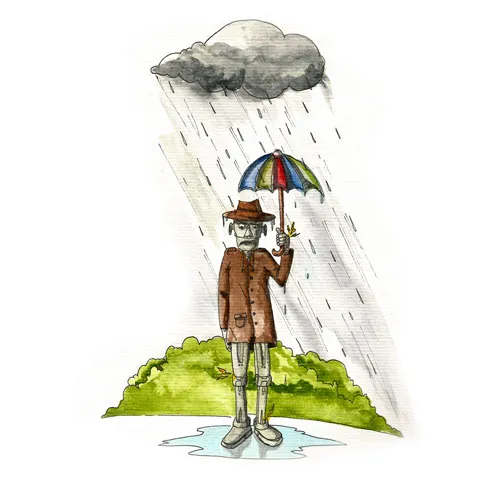 Illustration à l'aquarelle montrant un robot avec un parapluie sous la pluie