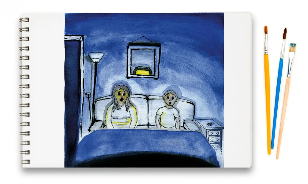 Illustration pour un magazine fictif présenté sur un bloc note montrant deux personnages devant l'écran d'une télévision et semblant hypnotisé