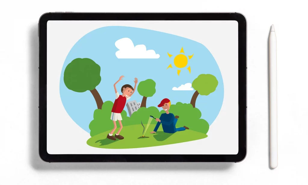 Illustration vectorielle montrant un dessin de deux enfants jouant avec une loupe et le soleil pour mettre le feu. Un décor d'arbuste et d'arbre les entoure sur fond de ciel bleu