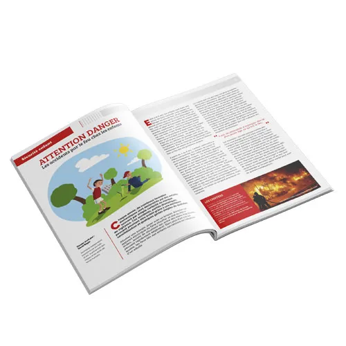Magazine ouvert avec l'article sur les préventions d'incendie causé par les enfants et l'illustration
