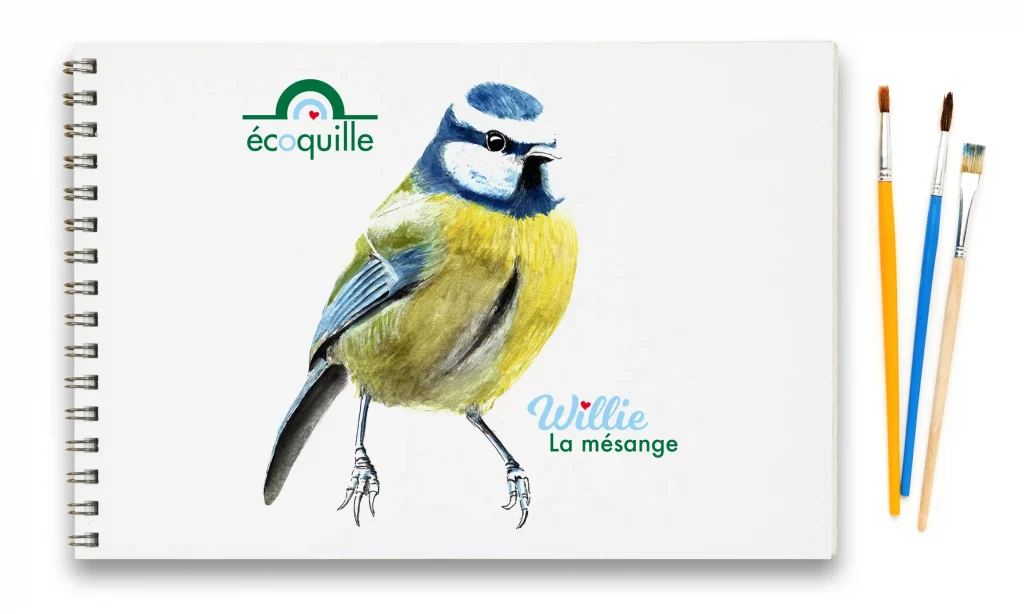 Illustration d'une mésange à l'aquarelle intégré dans un bloc de papier à dessin avec des crayons et des pinceaux