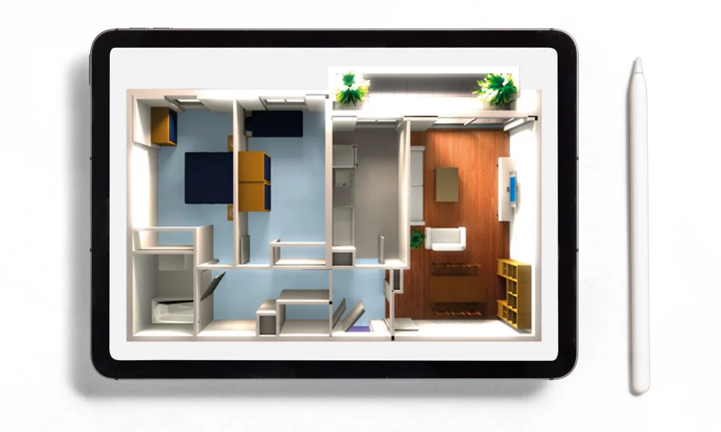 Visuel d'aménagement de plan d'appartement en vue 3D présenté sur une tablette graphique