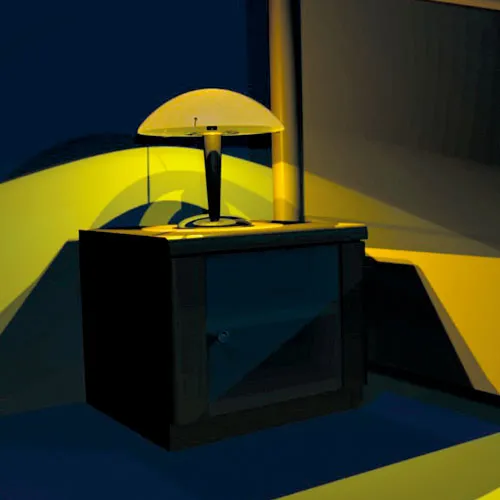 illustration 3D d'une table de chevet avec une lampe éclairée