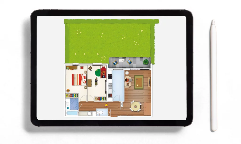 Dessin vectoriel pour l'aménagement d'un plan d'appartement présenté sur une tablette graphique