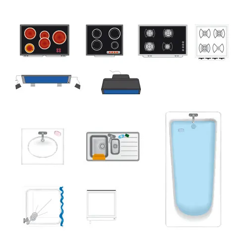 présentation d'élément et d'ustensile de mobilier d'appartement en dessin vectoriel vue de dessus