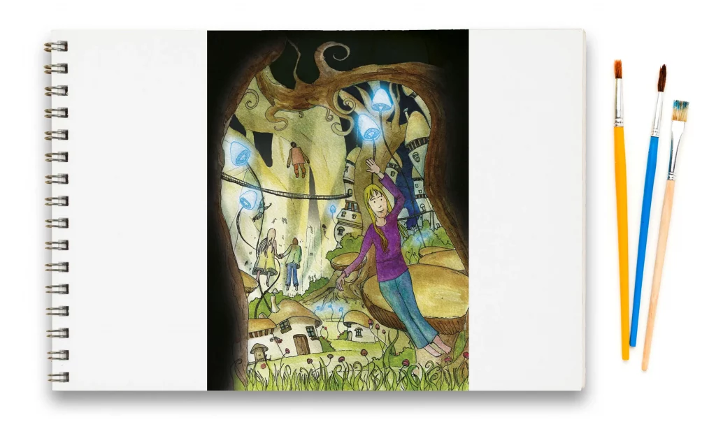 Illustration à l'aquarelle montrant un personnage volant à travers un décor de bois, d'arbre et de maison imaginaire. D'autres personnages volent également et des sortes de champignons sont baignés dans un halo bleuté léger. Le personnage en premier plan invite l'observateur à le suivre. Le dessin est présenté sur un carnet à dessin