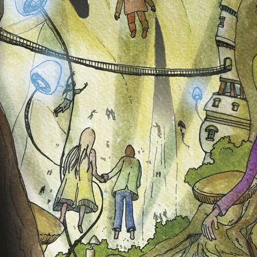 Détail de l'illustration montrant les personnages en arrière plan qui s'envolent à travers les arbres