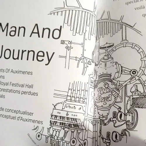 Illustration au feutre noir montrant des machines et des instruments pour illustrer l'article the Man and the Journey