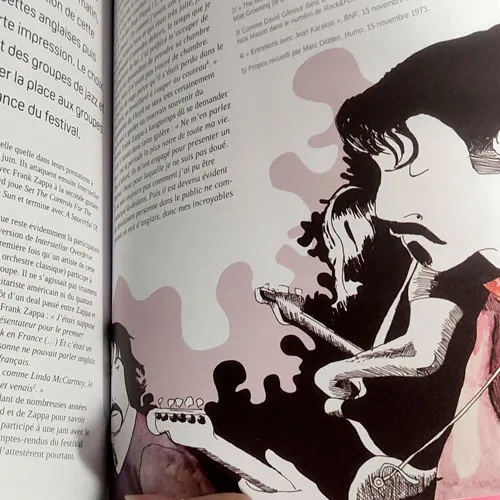 Illustration à l'aquarelle montrant le guitariste Frank Zappa et le batteur Nick Mason des Pink Floyd en concert à Amougies pour le livre 1969 Tous Azimut de Speak to Me