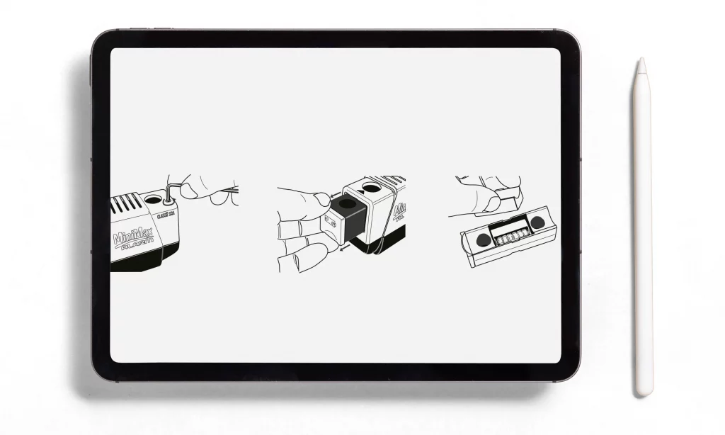 Dessin vectoriel pour un usage explicatif et technique de l'antivol Mini Max de la marque Vector présent au dos d'un packaging présenté sur une tablette graphique
