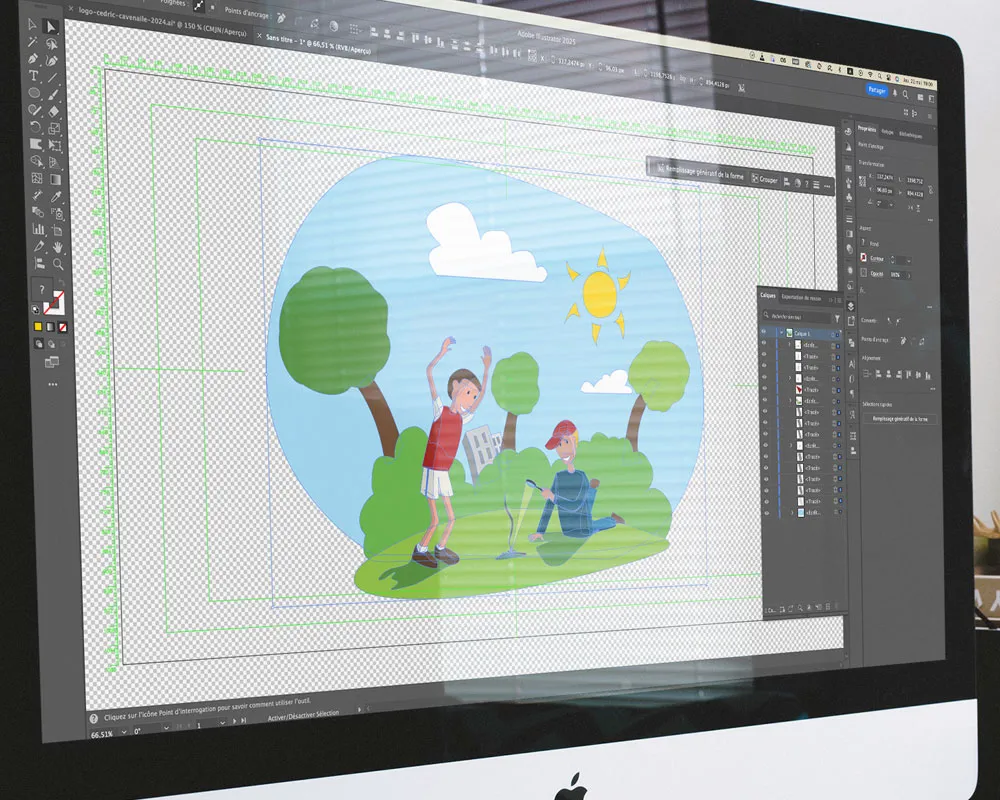 écran d'ordinateur dans lequel un dessin vectoriel sur Illustrator est dessiné