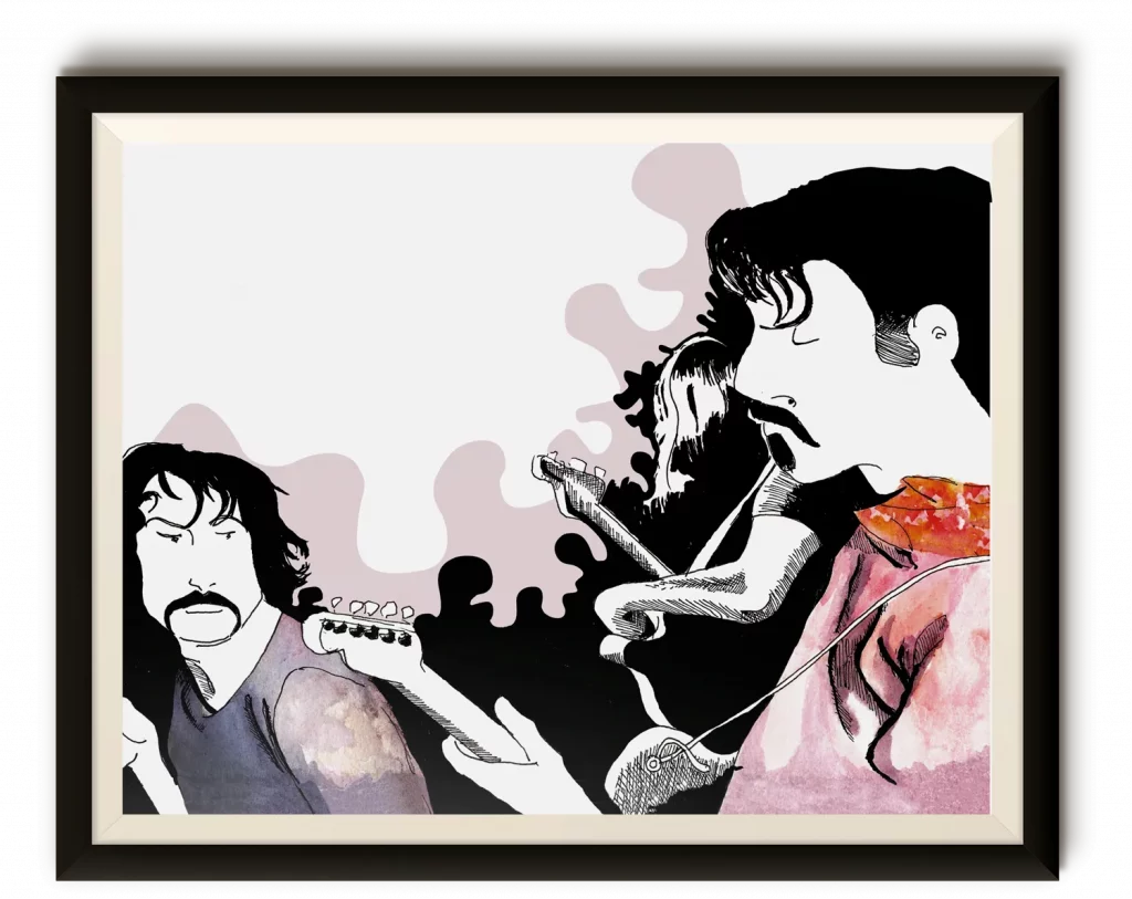 Illustration à l'aquarelle de Frank Zappa et de Nick Mason en concert à Amougies dans un cadre