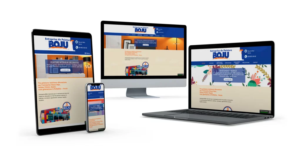 Présentation du site Boju Peinture en version responsive sur Tablette, Smartphone, Ordinateur portable et Ordinateur de bureau.
