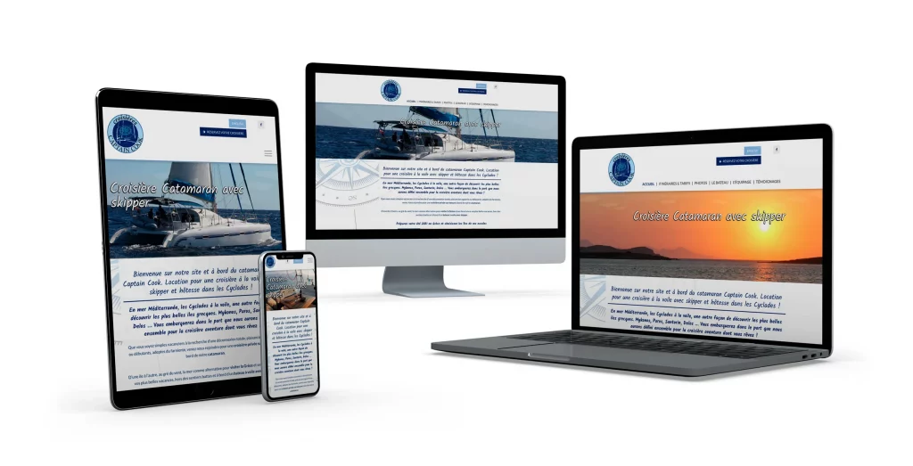 Présentation du site Captain Cook en version responsive sur Tablette, Smartphone, Ordinateur portable et Ordinateur de bureau.