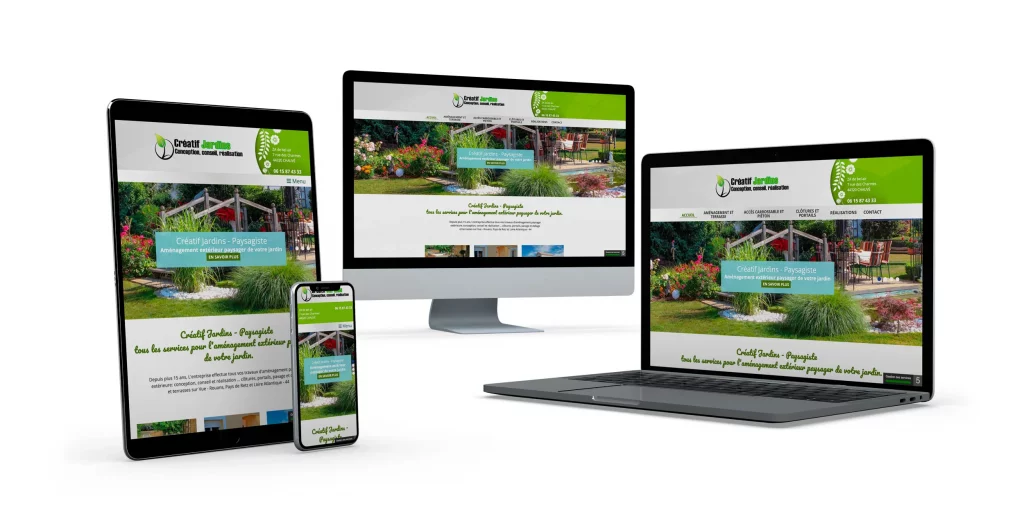 Présentation du site Créatif Jardins en version responsive sur Tablette, Smartphone, Ordinateur portable et Ordinateur de bureau.