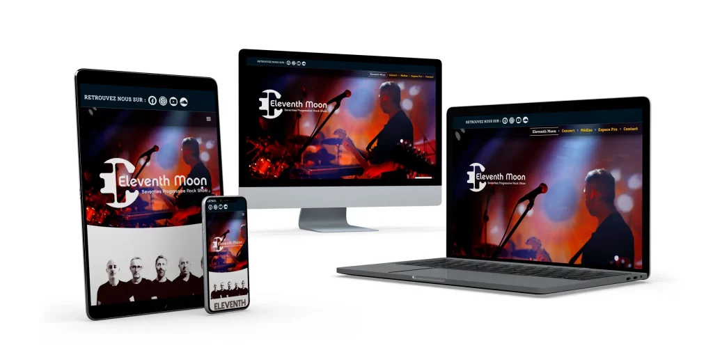 Présentation du site Eleventh Moon en version responsive sur Tablette, Smartphone, Ordinateur portable et Ordinateur de bureau.