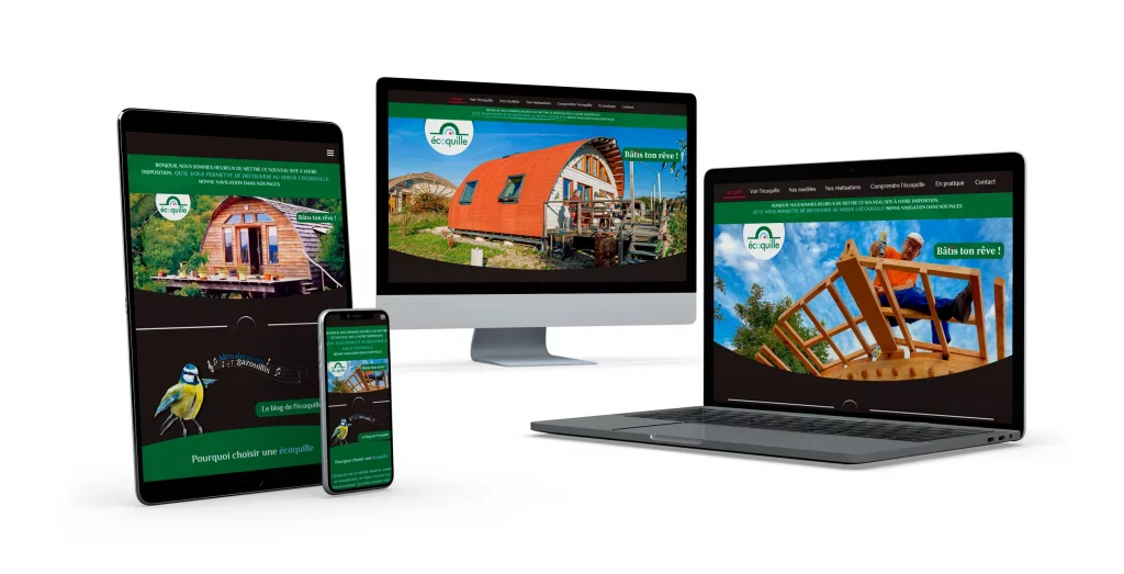 Présentation du site Ecoquille en version responsive sur Tablette, Smartphone, Ordinateur portable et Ordinateur de bureau.