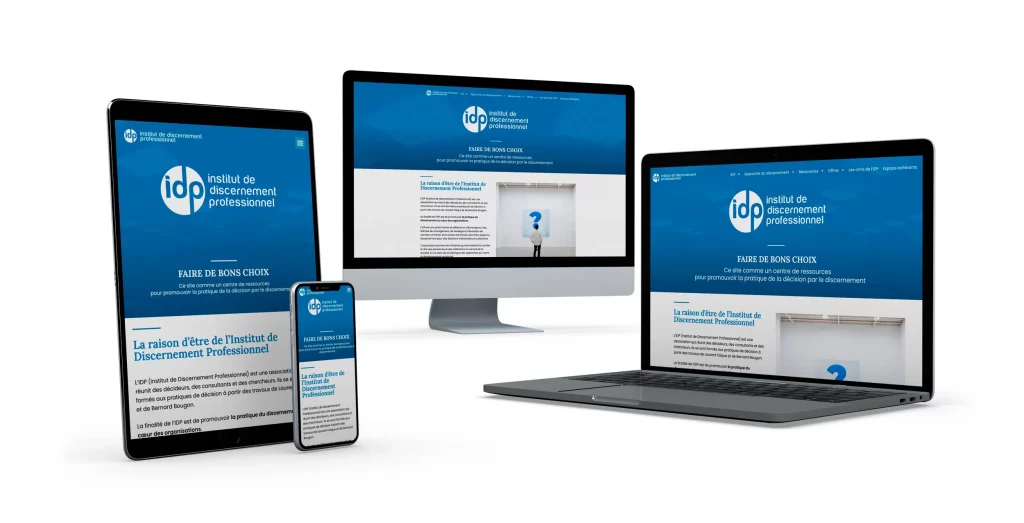 Présentation du site IDP | Institut de Discernement Professionnel en version responsive sur Tablette, Smartphone, Ordinateur portable et Ordinateur de bureau.