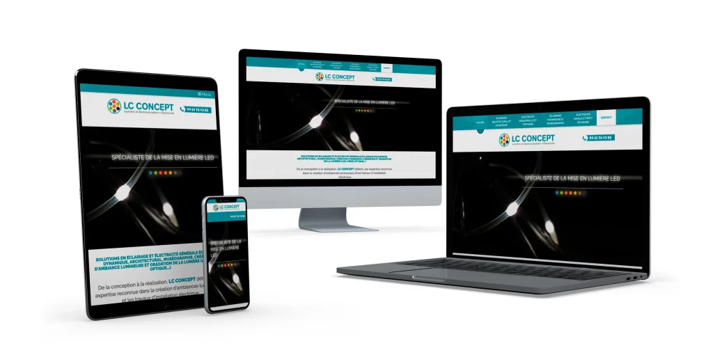 Présentation du site LC Concept en version responsive sur Tablette, Smartphone, Ordinateur portable et Ordinateur de bureau.