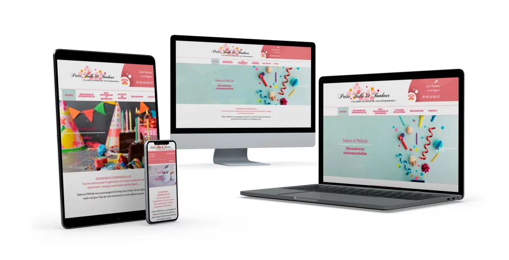 Présentation du site Petite bulle de bonheur en version responsive sur Tablette, Smartphone, Ordinateur portable et Ordinateur de bureau.