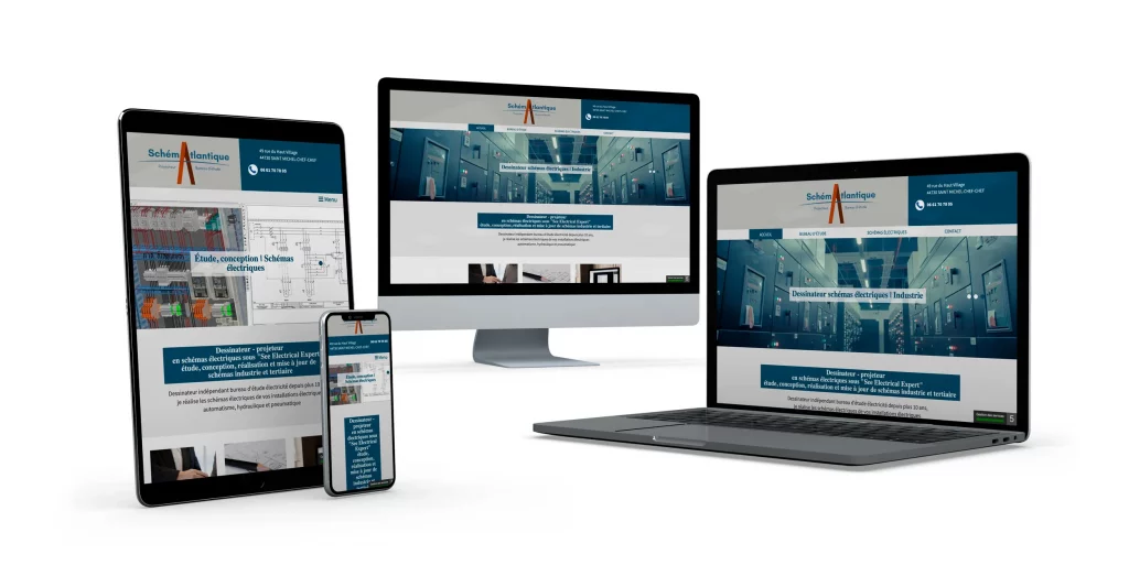 Présentation du site Schématlantique en version responsive sur Tablette, Smartphone, Ordinateur portable et Ordinateur de bureau.