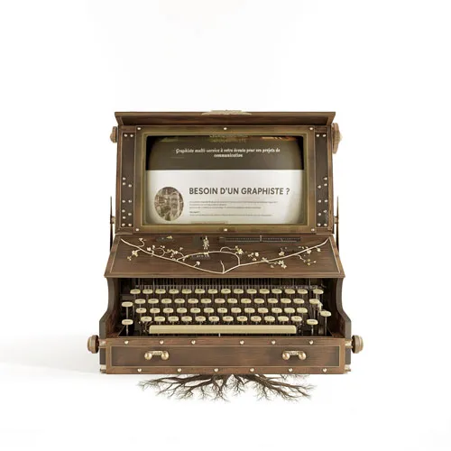 Écran d'ordinateur avec clavier type ordinateur portable en bois mélangeant l'outil moderne et les années 1920