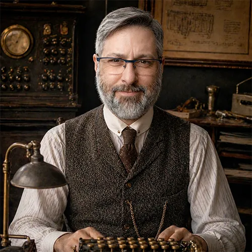 Photo de Cédric Cavenaïle habillé à la mode des années 1920 dans un bureau atelier graphique mélangeant des appareils modernes et anciens
