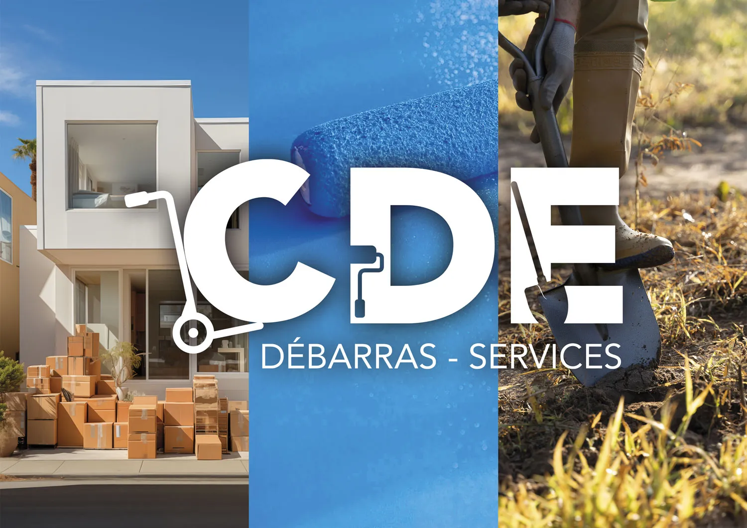 Logo CDE Débarras services sur fond de visuels