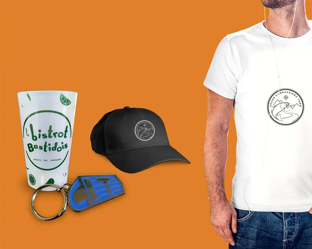 Vignette présentant verre, porte-clé, casquette ou t-shirt pour les pages goodies et textiles