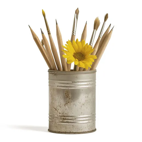 Visuel montrant un pot en métal façon boite de conserve avec des crayons et des pinceaux ainsi qu'une fleur de couleur jaune rappelant les couleurs du thème illustration