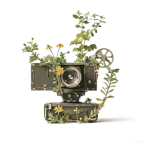 Caméra type année 1920 avec des plantes grimpant sur l'objet